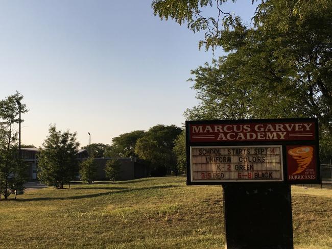 A sign is displayed at the Marcus Garvey Academy, in Detroit. The school is among Detroit schools where elevated levels of lead or copper were detected in the most recent round of water testing. Picture: Roger Schneider