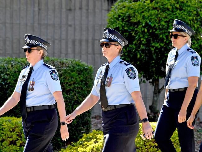 Mourners at the memorial service with full police honours for constables Rachel McCrow and Matthew Arnold at Brisbane Entertainment Centre. Picture: John Gass/NCA NewsWire