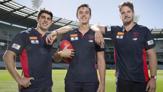 Melbourne young guns Christian Petracca, Jake Lever and Jesse Hogan. Picture: Michael Klein