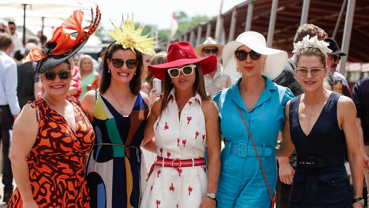 Sascha Smithett, Hayley Hosking, Angela Barker, Joy Arnott and Michelle Kilic as punters enjoy the Great Northern Darwin Cup. Picture: GLENN CAMPBELL