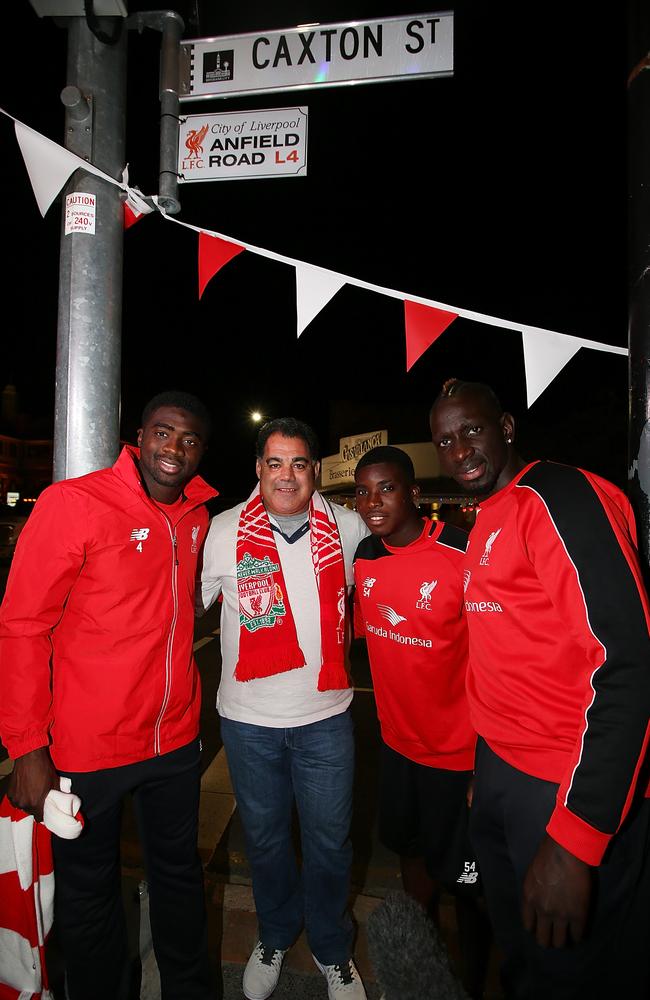 Queensland State of Origin coach Mal Meninga with Liverpool players (l-r) Kolo Toure, Sheyi Ojo and Mamadou Sakho at Brisbane’s Caxton St, which has been renamed Anfield Road for Liverpool’s visit.