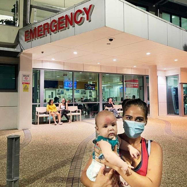 Willow Barnes from Westcourt with her four-month-old son Kylo, who had to wait four hours to be seen at Cairns Hospital on Monday. Picture: Andreas Nicola