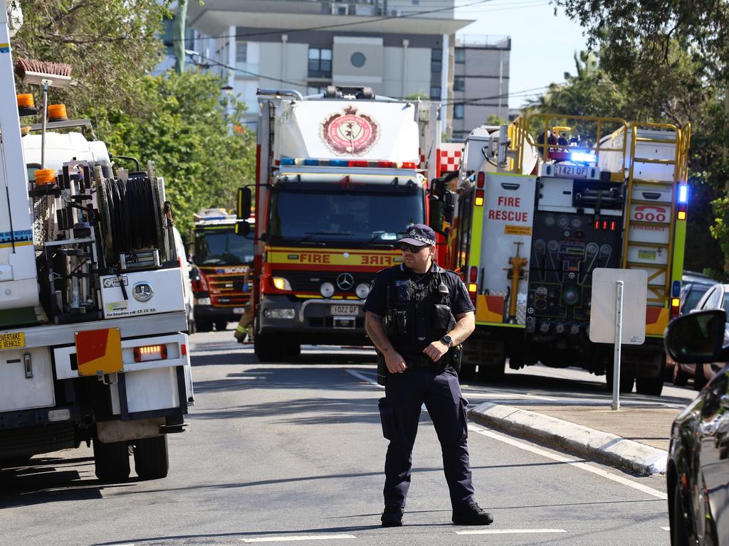 Emergency services at the scene of a serious unit fire at New Farm. Picture: David Clark