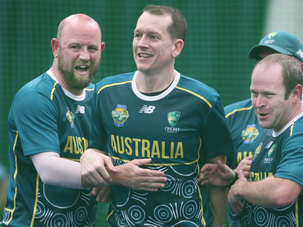 The Trans Tasman trophy for indoor cricket is being played on the Gold Coast at Ashmore. Australia v New Zealand Mens 40s . Keeper Aaron McMillan congratulated by team mates for a run out. Picture Glenn Hampson