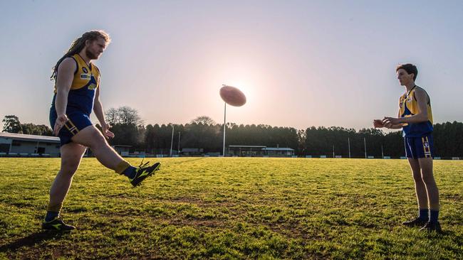 Chris Gardiner, 27 and Cal Auldist, 16, at Ellinbank Recreation Reserve. Picture: Jason Edwards