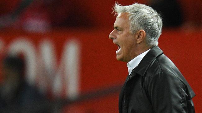 Manchester United manager Jose Mourinho gestures from the touchline after the final whistle after his side’s defeat to Tottenham. Picture: AFP