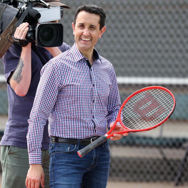 Leader of the Opposition David Crisafulli playing tennis during his tour of Ingham Tennis Court Complex. Picture: Liam Kidston.