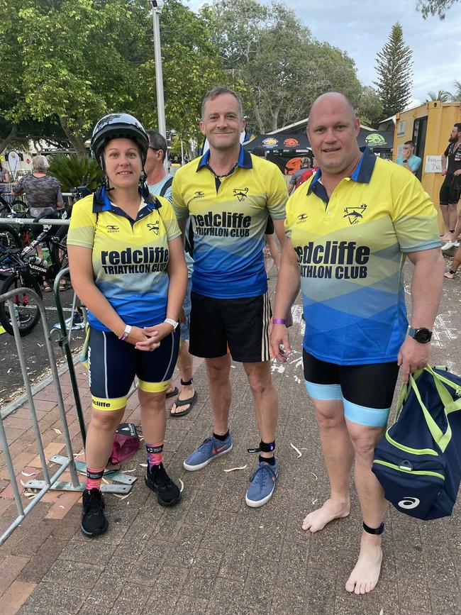 Jeremy Gaurd, Amy and Michael Gray at the Hervey Bay 100 Triathlon on Sunday, November 26, 2023.