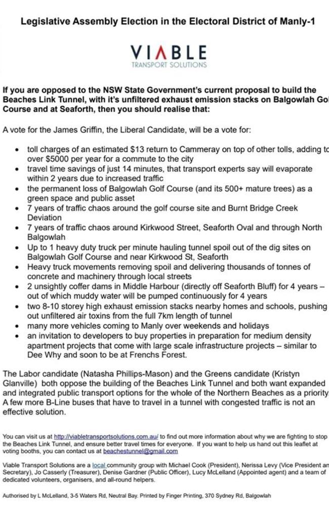 An information sheet that will be handed out at polling booths by Viable Transport Solutions - a group opposed to the current proposed Beaches Link tunnel - in an effort to unseat sitting Manly Liberal MP James Griffin. 