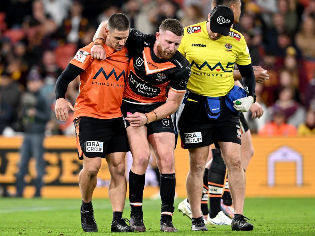 Jackson Hastings ended up with a fractured leg as a result of the Pat Carrigan hip drop tackle. Picture: Bradley Kanaris/Getty Images