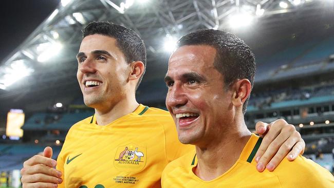 Socceroos Tim Cahill celebrates victory with Tom Rogic
