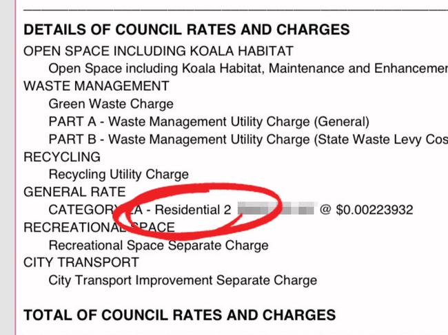 A City of Gold Coast Council bill showing the ‘Residential 2’ rating category – which is used for rentals.