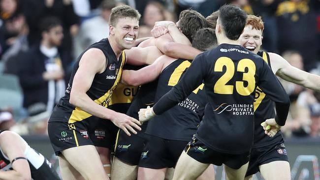 Glenelg celebrating the 2019 SANFL premiership. Picture: Sarah Reed