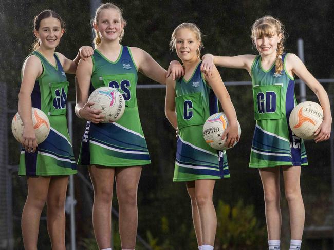 10 June, 2021: Under-11 Hills Netball Association players Lucinda Feutrill (11), Zoe McArthur (10), Lily Braddock (11) and Hannah Adkins (11) will participate in the Netball SA Country Championships Picture: Kelly Barnes