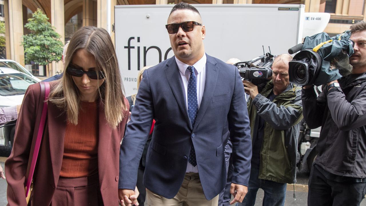 Jarryd Hayne arrives at the Supreme Court in Sydney with his wife Amellia Bonnici moments before he is taken to prison. Picture: NCA NewsWire/Simon Bullard