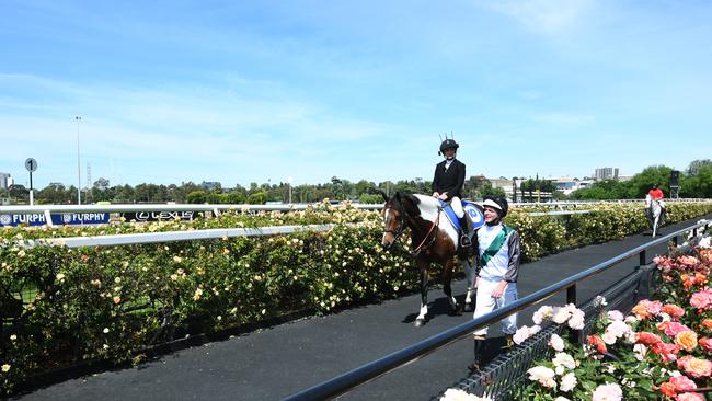 Jockey Luke Nolen walks back to scale after coming off after crossing the line to win aboard Finance Tycoon. Picture: Vince Caligiuri/Getty Images for the VRC