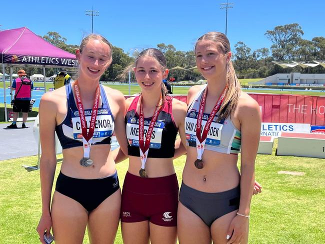 Bailey Van Den Broek (right) won bronze in under-16 long jump. Picture: Athletics Tasmania