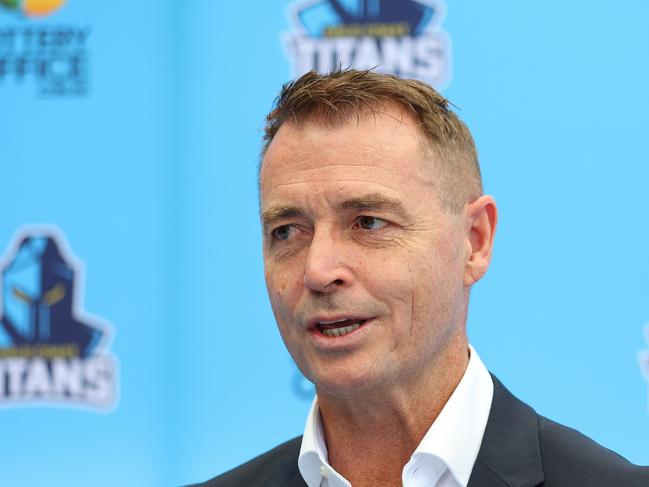 GOLD COAST, AUSTRALIA - NOVEMBER 03: Titans CEO Steve Mitchell speaks to the media during a Gold Coast Titans Media Opportunity at The Club at Parkwood Village on November 03, 2023 in Gold Coast, Australia. (Photo by Chris Hyde/Getty Images)