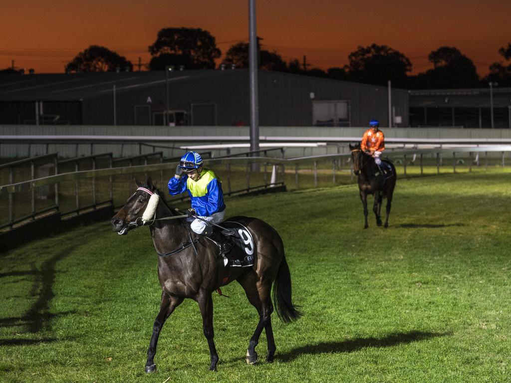 Sequesay and jockey Luke Tarrant return after winning race two for Tony and Maddy Sears at Clifford Park racecourse, Saturday, June 12, 2021. Picture: Kevin Farmer