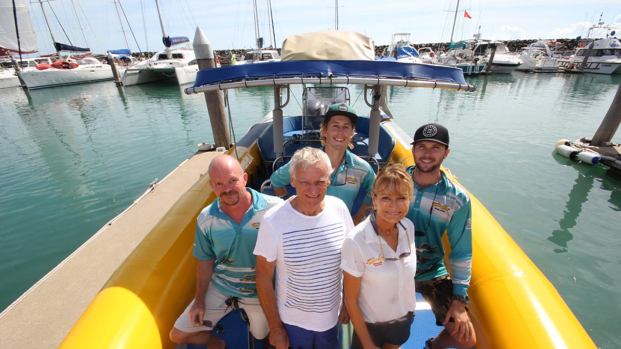 Jan Claxton, front right, with Ocean Rafting crew Gosta Ehrnst, Peter Hearnshaw of Airlie Beach Tourism, Todd Robertson and Tom Jones.