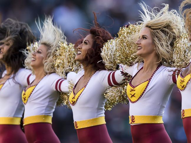 LANDOVER, MD - DECEMBER 15: Washington Redskins cheerleaders perform during the first half of the game against the Philadelphia Eagles at FedExField on December 15, 2019 in Landover, Maryland. (Photo by Scott Taetsch/Getty Images)