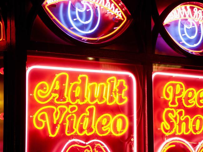 Bright neon signs in the window of an adult sex shop at night.