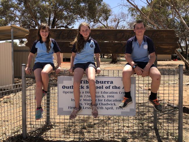 Ellie-Mae Hough-Wedding, 10, Cassidy Hiscox, 10, and Tom Shiner, 11, at Tibooburra Outback Public School.