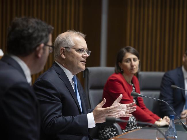 CANBERRA, AUSTRALIA-NCA NewsWire Photos DECEMBER 11 2020.Prime Minister Scott Morrison with state and territory premiers for National Cabinetduring a press conference in Parliament House Canberra. L-R: Victorian Premier Daniel Andrews, Prime Minister Scott Morrison, NSW Premier Gladys Berejiklian, SA Premier Steven Marshall and WA Premier Mark McGowan.Picture: NCA NewsWire / Gary Ramage