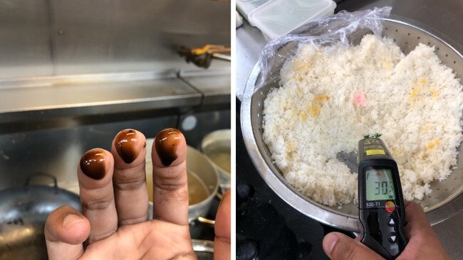 Left: dirty oil was found built-up in the exhaust system drip gutter. Right: Rice was found out of temperature control.