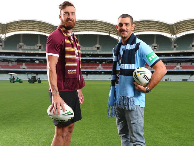 3.3.2020.Charlie Dixon and Taylor Walker are promoting the State of Origin game in Adelaide.Charlie and Taylor pictured at Adelaide Oval. PIC TAIT SCHMAAL.