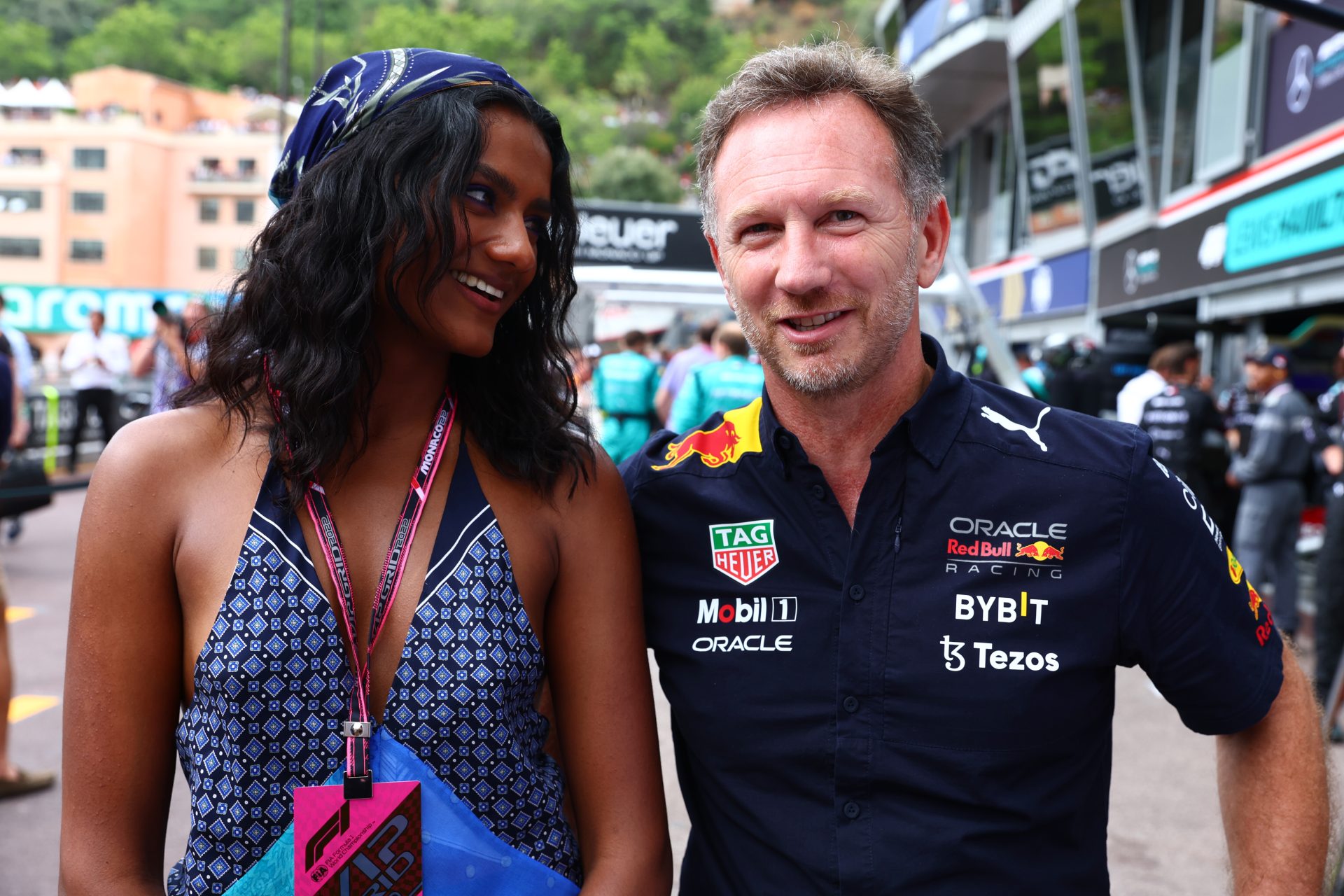 <p>Simone Ashley with Red Bull Racing Team Principal Christian Horner, at the Monaco Grand Prix, 2023.&nbsp;</p>