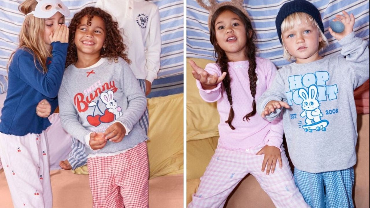 Cotton On Kids has released a wide range of gorgeous Easter pjs, including the super cute Leo and Leah sets – buy one and get 50 per cent off second pair. Picture: Cotton On Kids