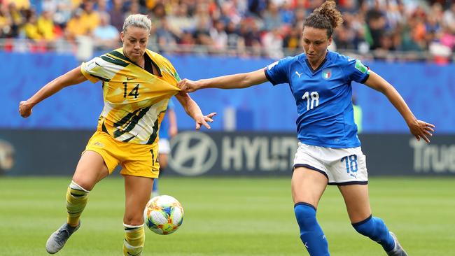 Alanna Kennedy battles with Italy’s Ilaria Mauroin their World Cup game on Sunday