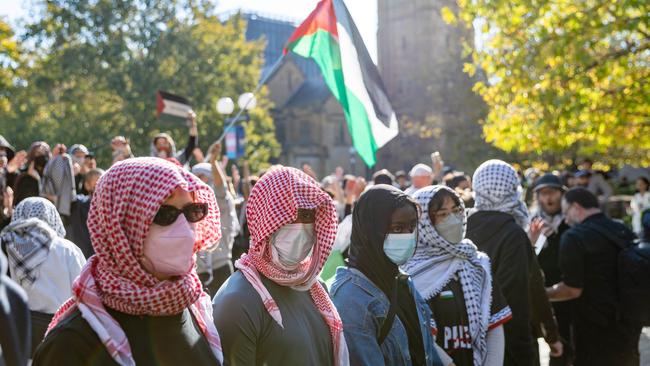 Members on the Israeli side demanded pro-Palestine protesters remove their masks and keffiyehs. Picture: Jason Edwards