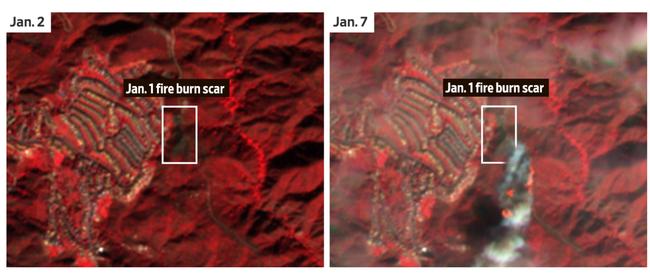 False-colour satellite images of the two fires' origins. Note: Both images taken 10.45am local time. Source: European Space Agency via The Wall Street Journal