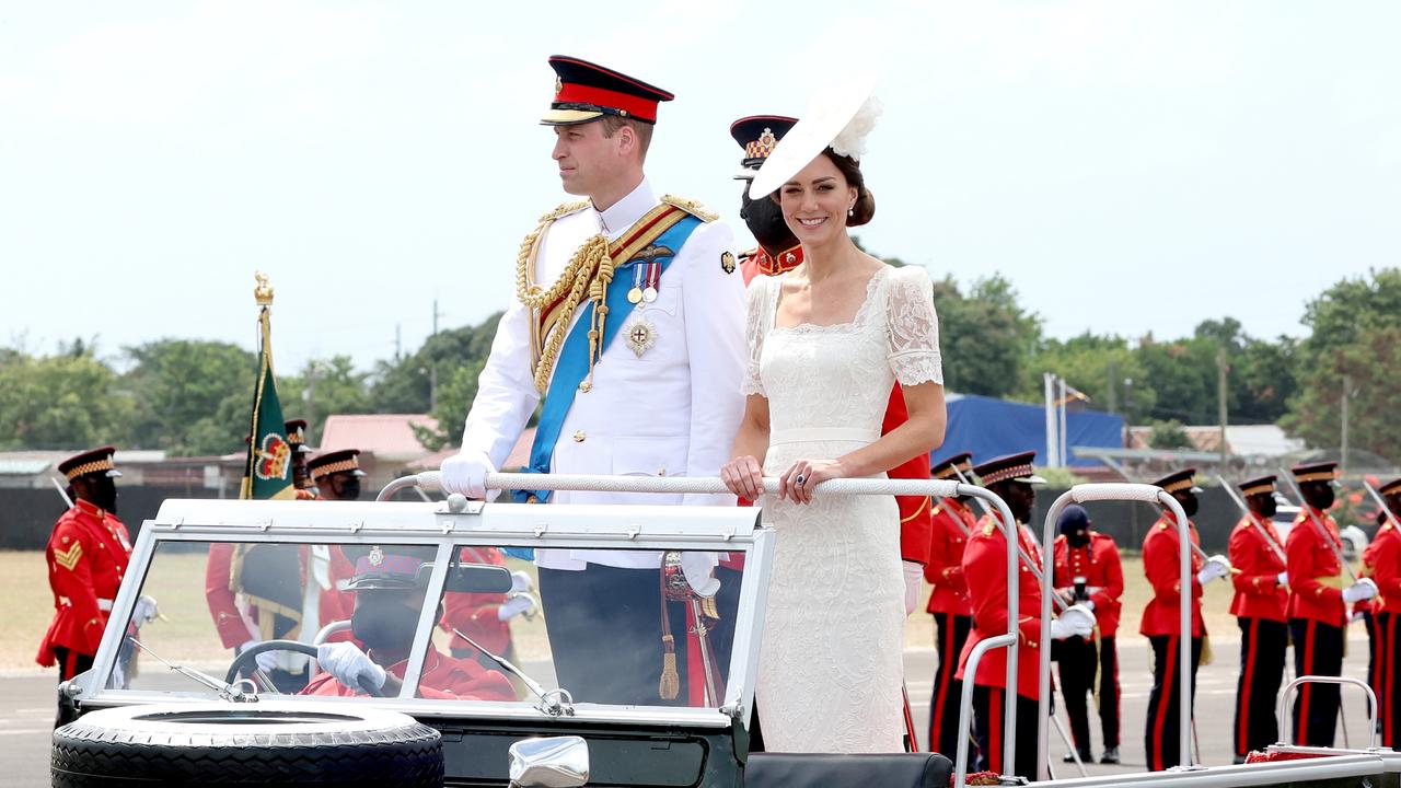 William and Kate inspecting the troops from the top of a Land Rover. Picture: Chris Jackson/Getty Images.