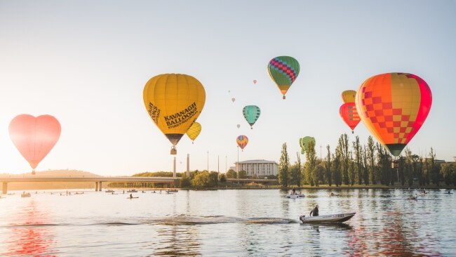 Balloons over Lake Burley Griffin in Canberra.
