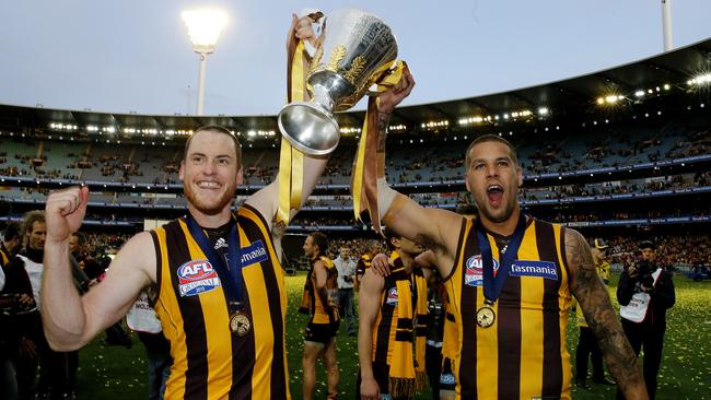 Jarryd Roughead and Lance Franklin won two premierships together at Hawthorn before Franklin departed for Sydney. Picture: Wayne Ludbey