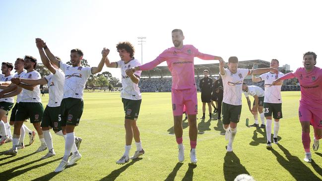 The Jets ALM celebrated their first victory of the season over Western United. Photo by Martin Keep/Getty Images