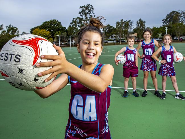 Isabelle Shepherd-Ashby (front) with Sebastian Allen, Sascha Aldridge and Charlotte Brown from Western Districts Netball Association, Graceville, Tuesday, July 21, 2020 - Picture: Richard Walker