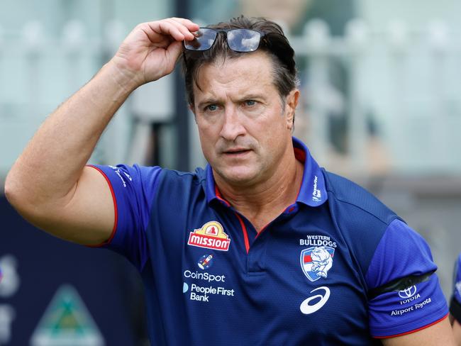 MELBOURNE, AUSTRALIA - MARCH 17: Luke Beveridge, Senior Coach of the Bulldogs is seen at three quarter time during the 2024 AFL Round 01 match between the Melbourne Demons and the Western Bulldogs at the Melbourne Cricket Ground on March 17, 2024 in Melbourne, Australia. (Photo by Dylan Burns/AFL Photos via Getty Images)