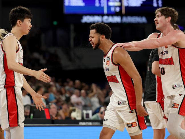 MELBOURNE, AUSTRALIA - MARCH 19: Tyler Harvey of the Hawks celebrates during game four of the NBL Grand Final Series between Melbourne United and Illawarra Hawks at John Cain Arena on March 19, 2025, in Melbourne, Australia. (Photo by Daniel Pockett/Getty Images)