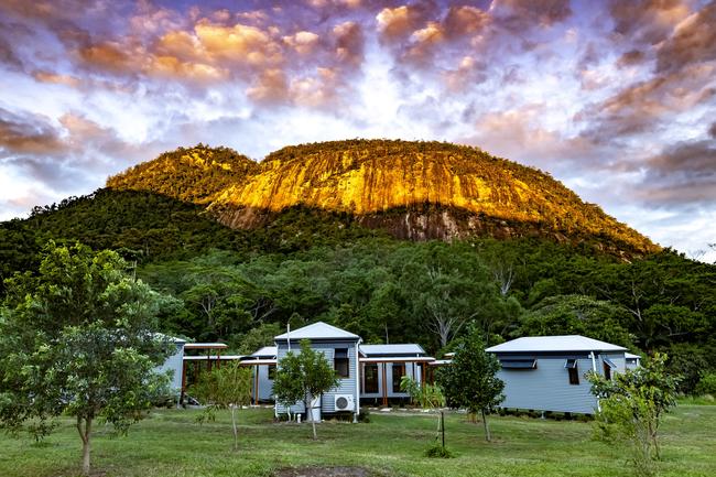 The Mount Jukes Eco Resort, built from scratch by yoga aficionado David Deakin, holds glamping tents and a half-moon shaped house that face Mt Jukes and Mr Deakin says the â€œenergyâ€ of the property has to be experienced to be understood. Picture: Contributed