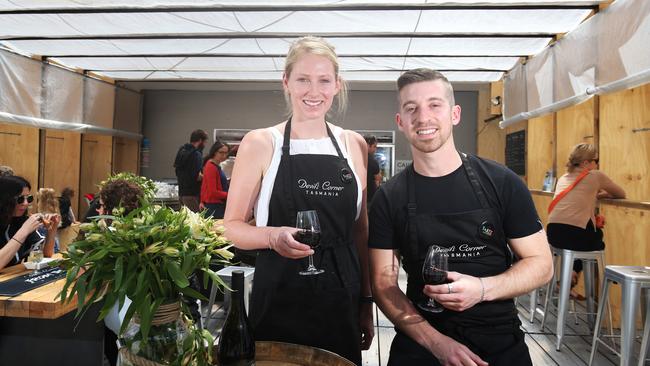 Ione Patten and Kevin Fraser at the Devil's Corner stall that won best red for its Resolution Pinot Noir 2014.