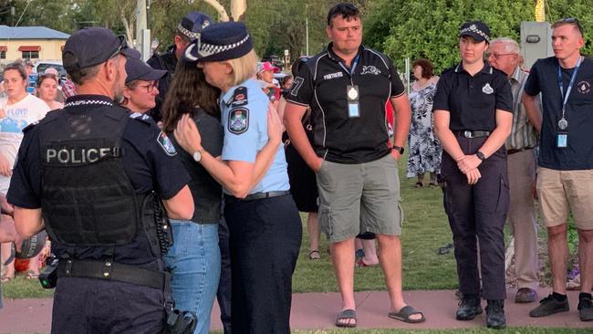 Constable Keely Brough is embraced by Assistant Commissioner Charysse Pond. Picture: Chloe Cufflin