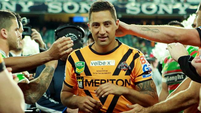 Benji Marshall given a guard of honour for his last home game during the Wests Tigers v South Sydney Rabbitohs game at Allianz Stadium, Sydney.