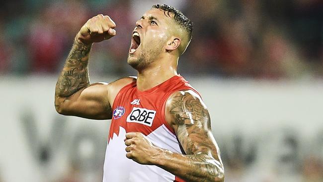 Lance Franklin celebrates kicking the sealer. Pic: Getty Images