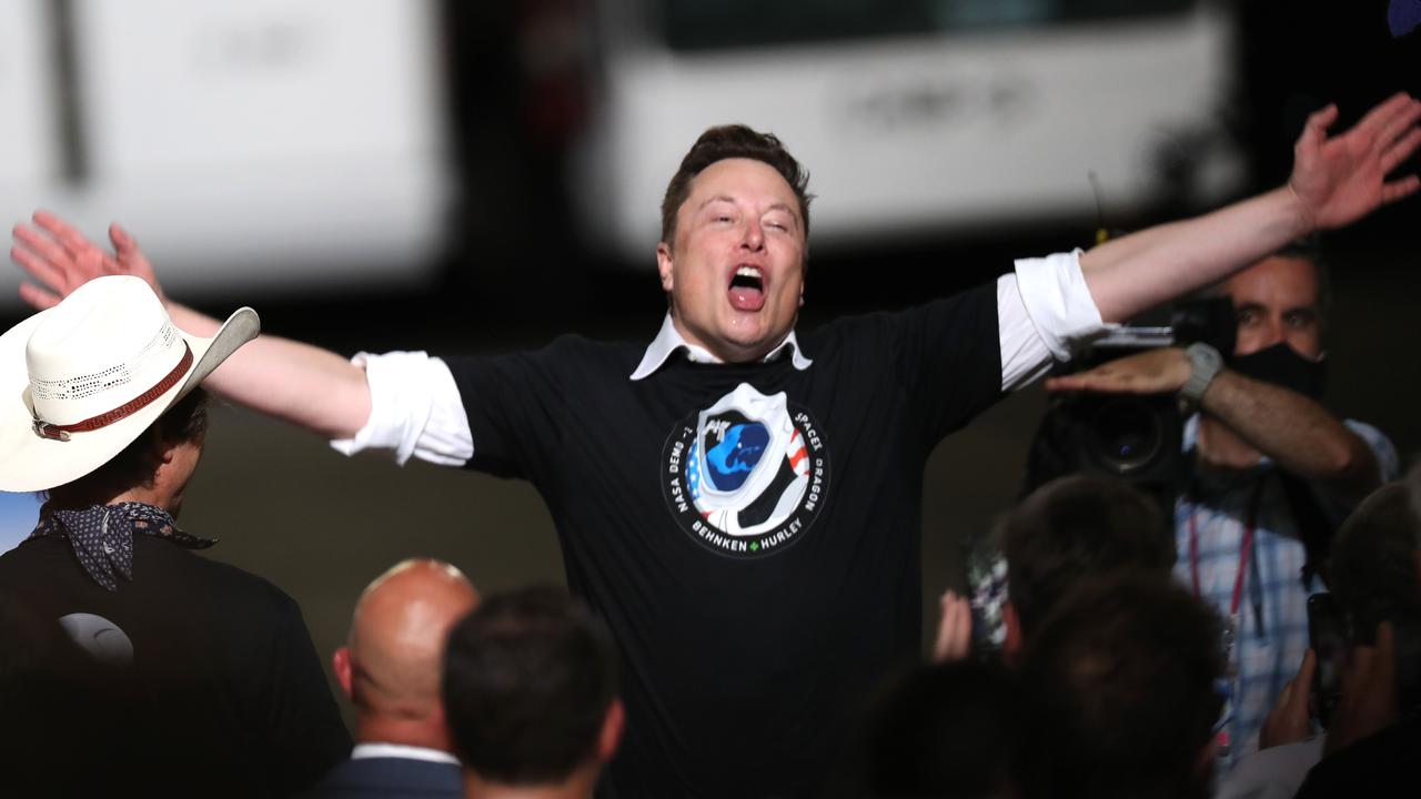 Musk celebrates after one of his other ventures, SpaceX, recently became the first private company to send people into space. Picture: Joe Raedle/Getty Images/AFP