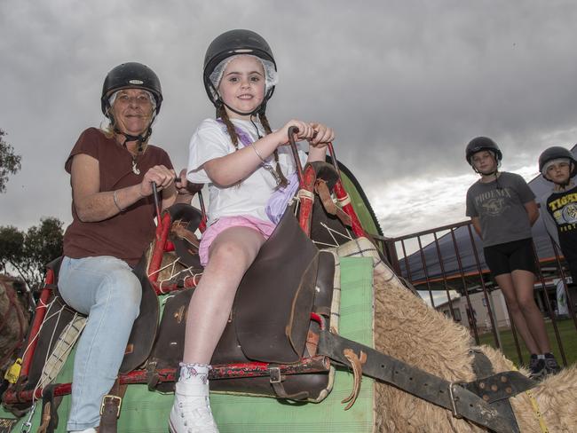 Lottie Beattie &amp; Amanda Sinclair riding a camel at the 2024 Swan Hill Show Picture: Noel Fisher.