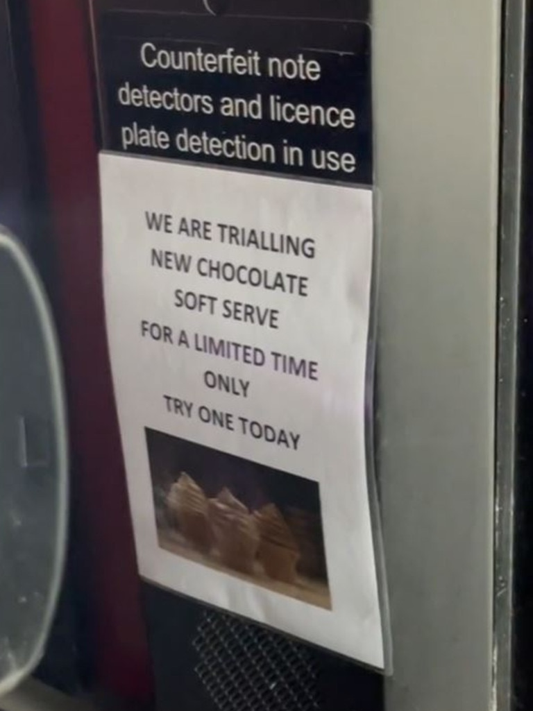 A sign spotted at Macca’s in Mosman in Sydney reveals McDonald’s is trialling chocolate soft serve ice cream in select restaurants. Picture: TikTok/TillyWhitfield